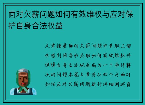 面对欠薪问题如何有效维权与应对保护自身合法权益