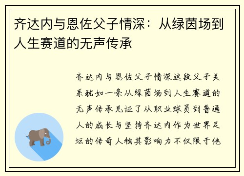 齐达内与恩佐父子情深：从绿茵场到人生赛道的无声传承