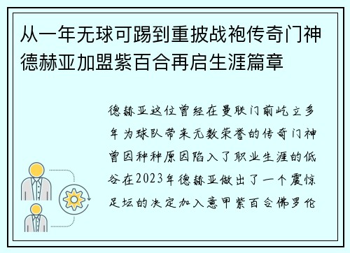 从一年无球可踢到重披战袍传奇门神德赫亚加盟紫百合再启生涯篇章