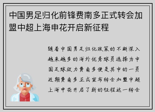 中国男足归化前锋费南多正式转会加盟中超上海申花开启新征程