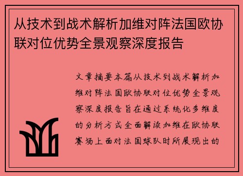 从技术到战术解析加维对阵法国欧协联对位优势全景观察深度报告